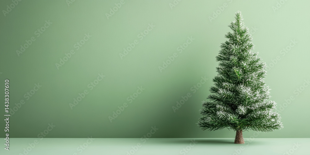 Minimalist decor small snow dusted pine tree against soft green background in winter setting Minimalist decor small snow dusted pine tree against soft green background in winter setting
