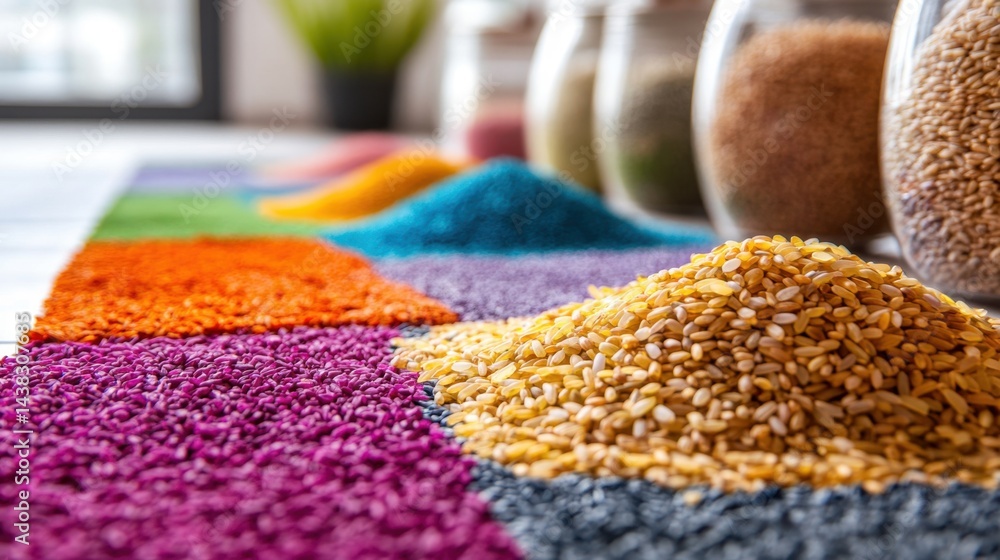 Fototapeta premium Close-up of colorful rice grains arranged in intricate patterns for Diwali rangoli. Vibrant hues.