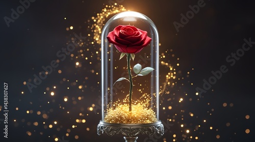 Enchanted red rose encased in a glass dome with glowing golden particles