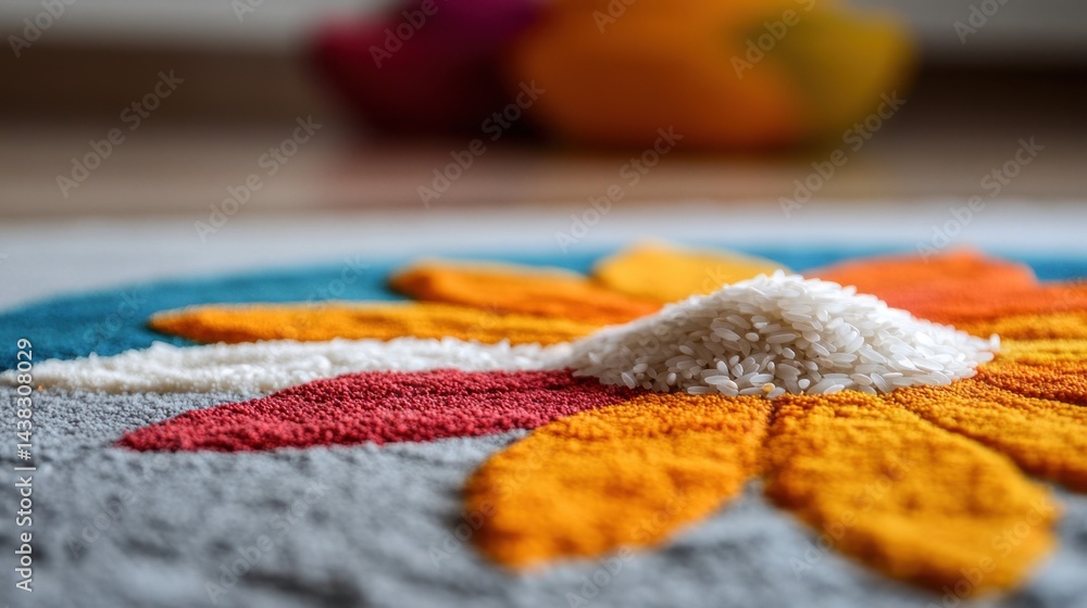 Fototapeta premium Close-up of the delicate arrangement of rice grains in a Diwali rangoli. Artistic detail.