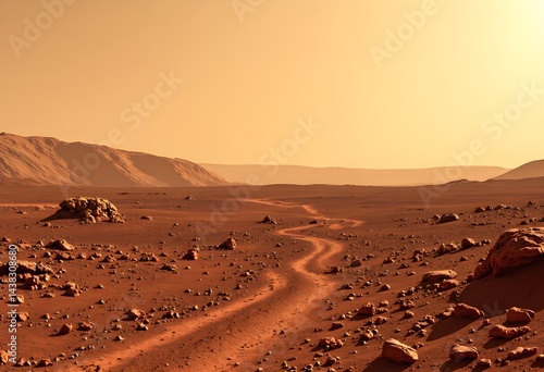 Surface of Mars with Rover Tracks Leading Away