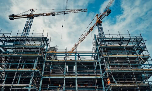 Wallpaper Mural Construction site with cranes, scaffolding, and half-built structures, workers in the background wearing hard hats and reflective vests Torontodigital.ca