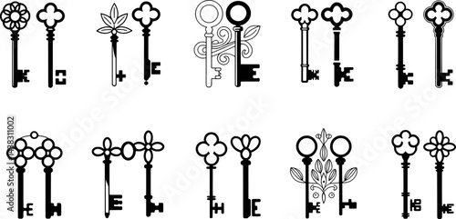 Collection of vintage skeleton keys black and white decorative vector graphics