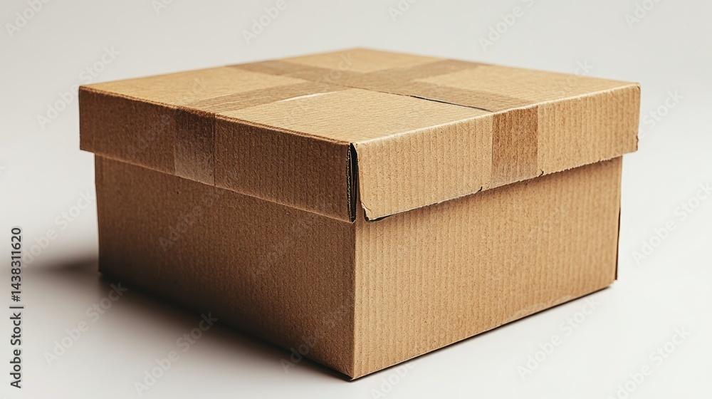 A closed cardboard box sits on a white surface with visible tape. A closed cardboard box sits on a white surface with visible tape.