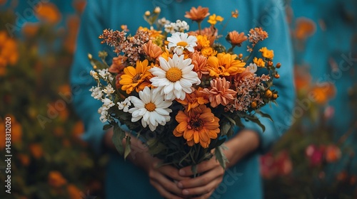Person holding autumn flower bouquet, garden background