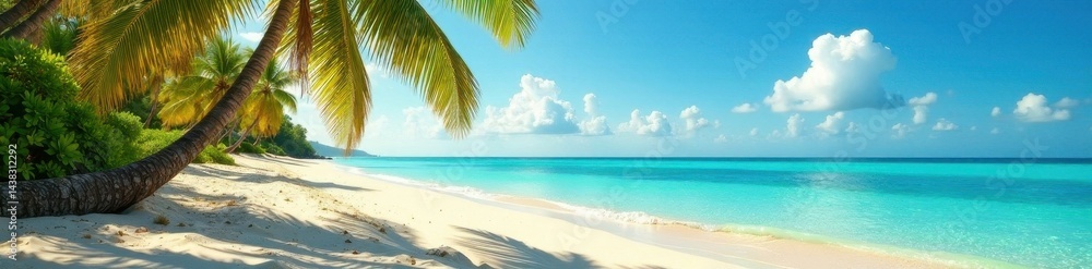 Obraz premium Golden sand, palm fronds sway gently in breeze, azure sea, shore, image, idyllic