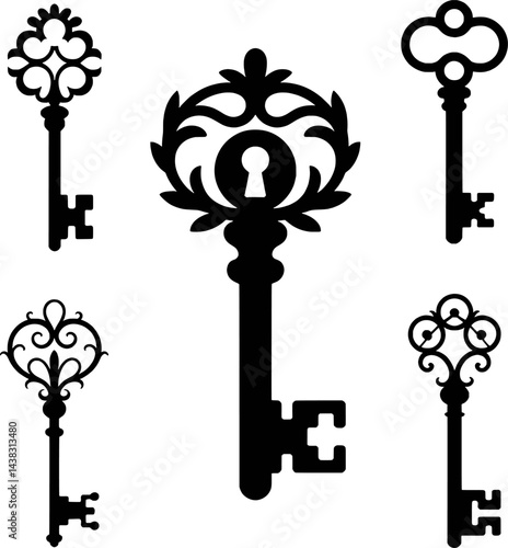 Collection of decorative vintage key silhouettes ornamental key design elements