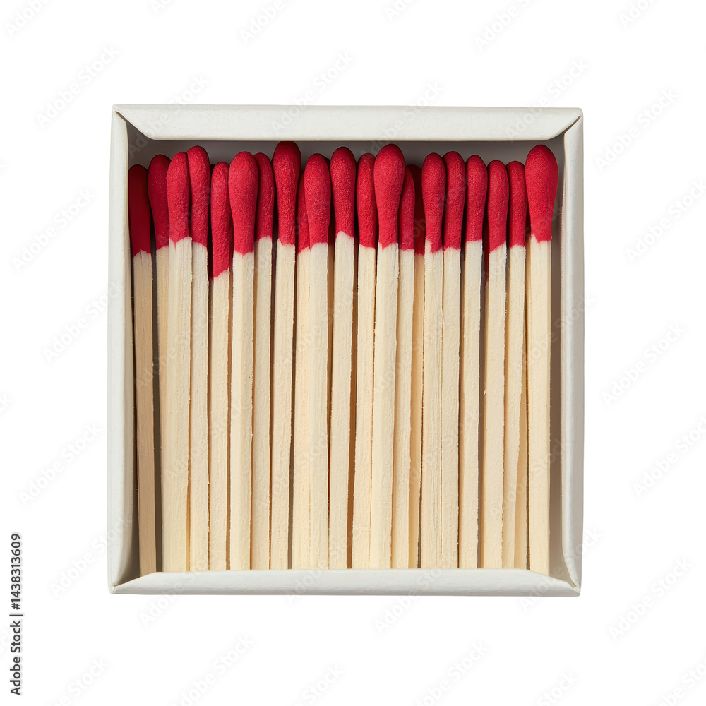 Naklejka premium Close-up of a collection of wooden matches with red tips neatly arranged in a white square box on transparent background