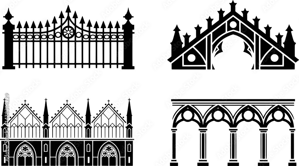Gothic architecture silhouette set gate arch church windows and column details Gothic architecture silhouette set gate arch church windows and column details