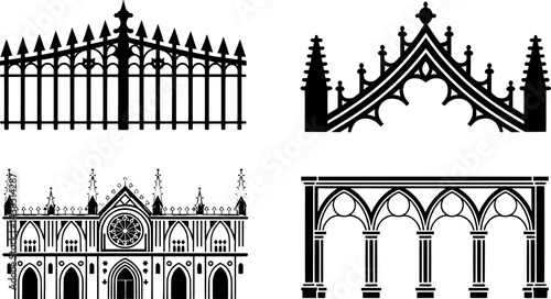 Gothic architecture elements set black silhouettes medieval structures and decorative borders