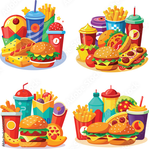 Fast food feast  hamburger  pizza  hot dog  French fries  chicken nuggets  