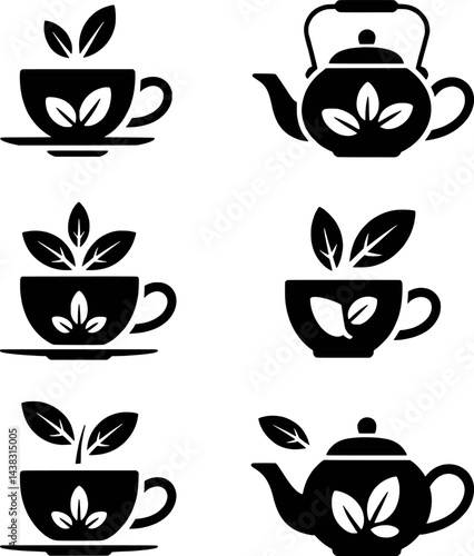 Black and white tea set vector icons minimalist design collection