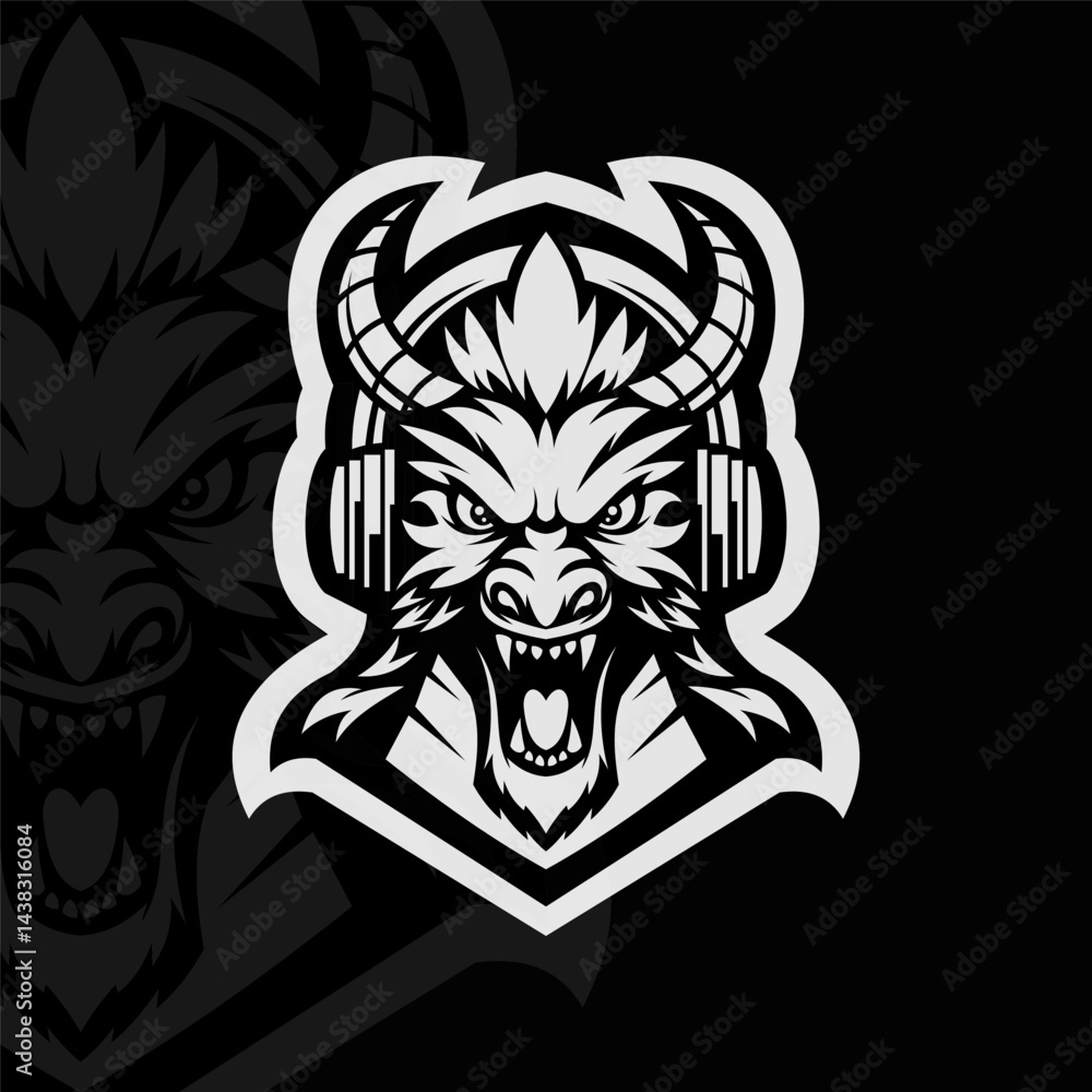 Fototapeta premium Angry dragon mascot character logo design, black white