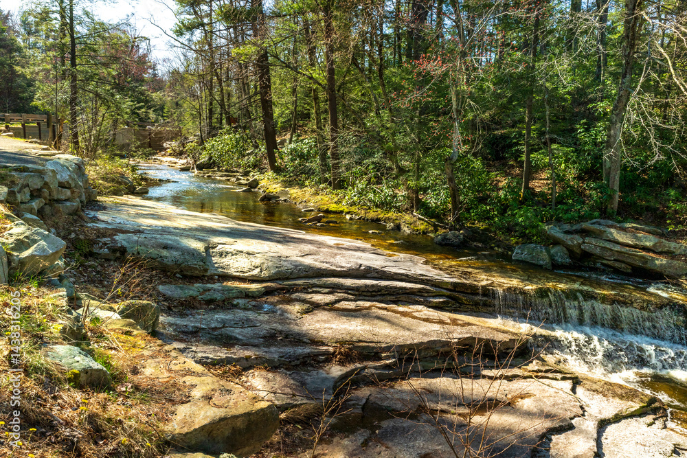 Kerhonkson, NY - US - Apr 23, 2025 Peter's Kill flows over smooth rock slabs in a forested section of Minnewaska State Park, creating a peaceful scene with clear water, mossy stones, and soft falls.