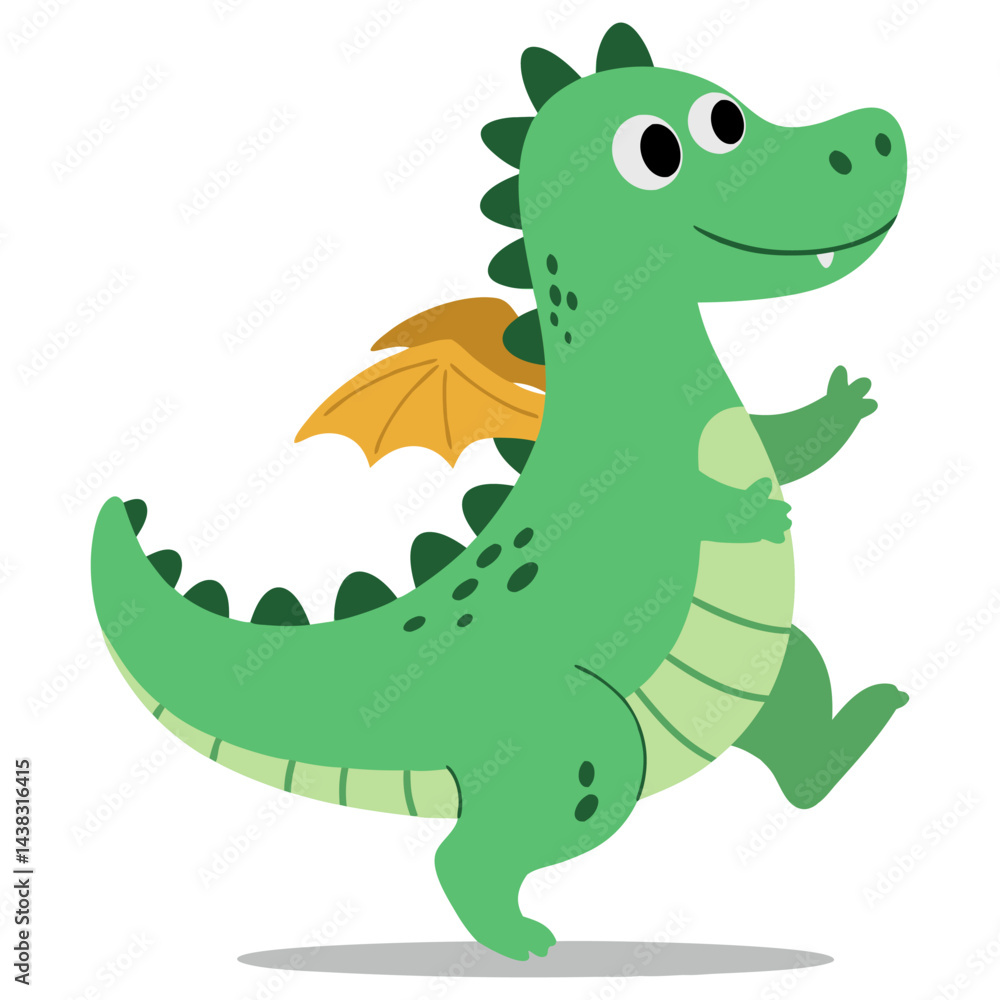 Fototapeta premium Playful Green Dragon Character in Minimal Vector Style for Fairy Tale Illustrations