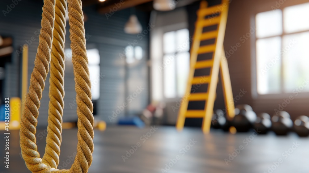 Fototapeta premium Motivational fitness scene: battle ropes hanging, a collection of kettlebells, and an agility ladder prepared for a workout.