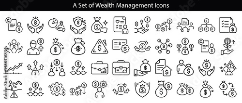 Financial Outline Icon Set Featuring Money Symbols on Transparent Background