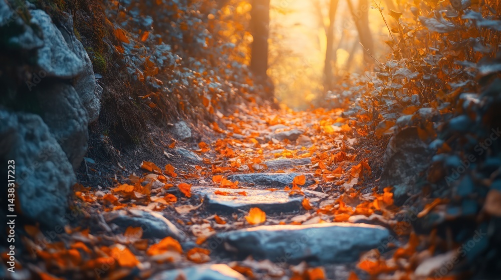Stone steps covered in autumn leaves lead up through a forest path. Stone steps covered in autumn leaves lead up through a forest path.