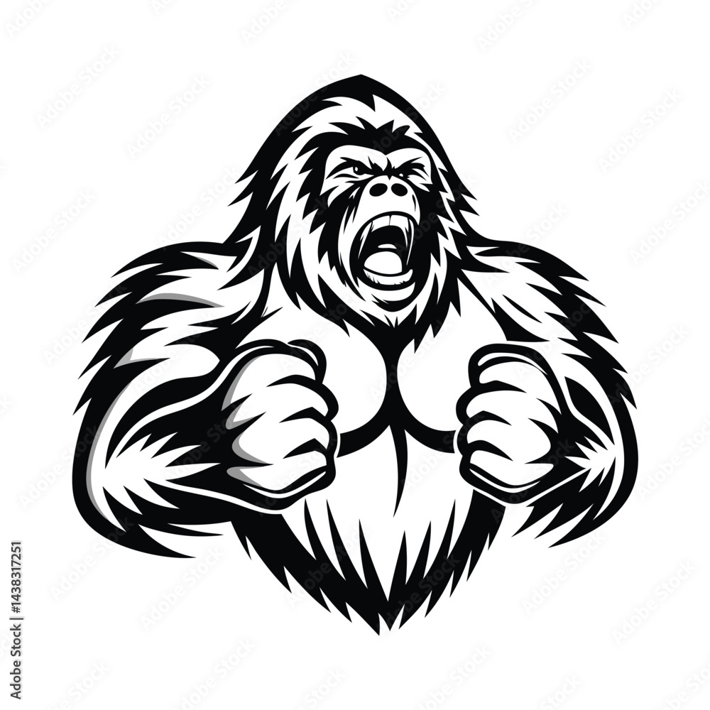 Fototapeta premium Monochrome Angry Gorilla Roaring with Fists Clenched, Strong Primate Aggression, Wild