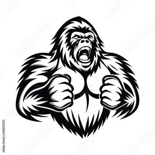 Monochrome Angry Gorilla Roaring with Fists Clenched, Strong Primate Aggression, Wild