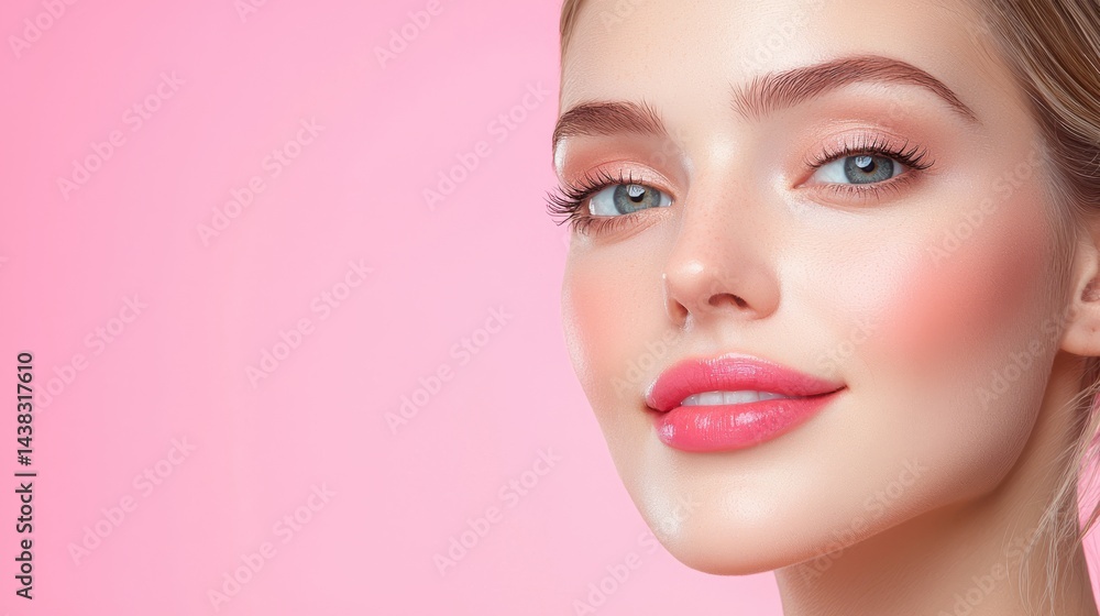 Elegant Woman with Pink Lipstick Against Soft Pink Background Exuding Charm Elegant Woman with Pink Lipstick Against Soft Pink Background Exuding Charm