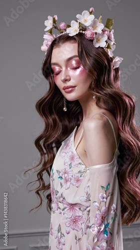 Female model - Vertical shot cherry blossom satin dress