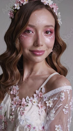 Female asian model - Vertical shot cherry blossom satin dress