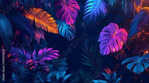 Tropical jungle with glowing neon vibrant foliage.