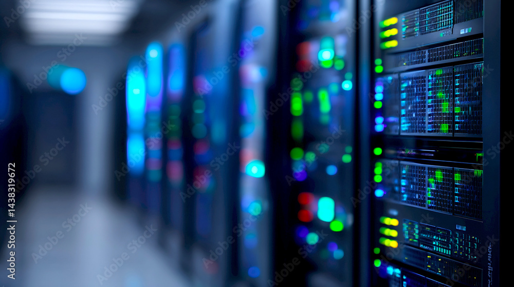 Fototapeta premium Hightech data center with multiple server racks displaying colorful LED lights and advanced technology for storage : Generative AI