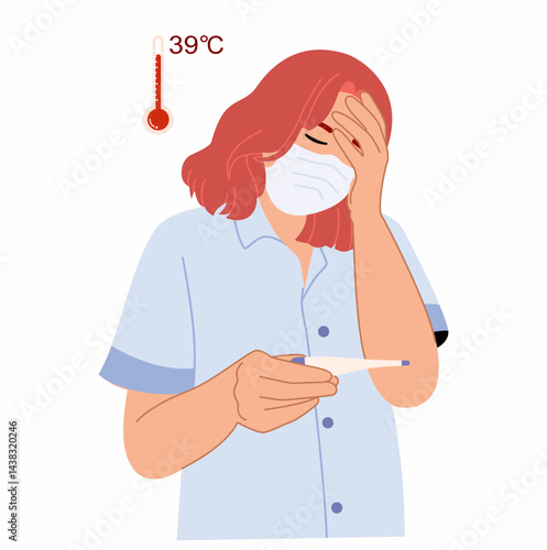 A young woman is sick with a high fever and is holding a thermometer.
