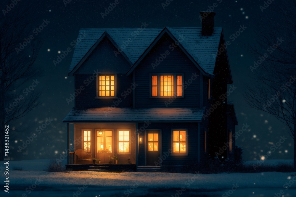 Warm lights glowing from windows of cozy house during snowfall at night, creating a magical winter atmosphere Warm lights glowing from windows of cozy house during snowfall at night, creating a magical winter atmosphere