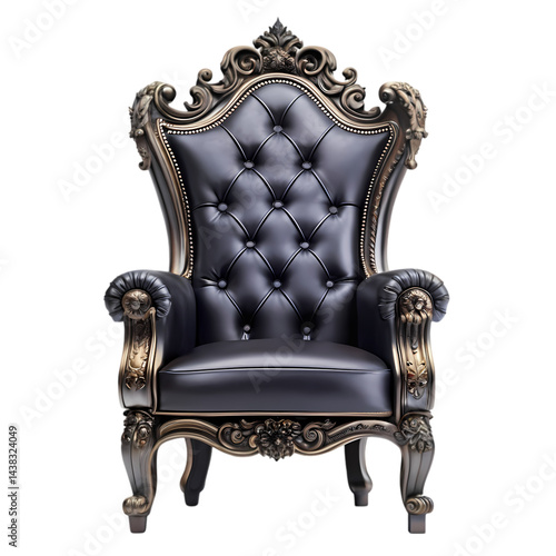 Black Leather Throne Chair Luxury Furniture Royal Style isolated on transparent background