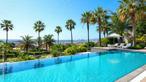 Wallpaper Mural Infinity pool overlooking ocean with palm trees and vibrant greenery under clear blue sky. Concept of luxury tropical relaxation Torontodigital.ca
