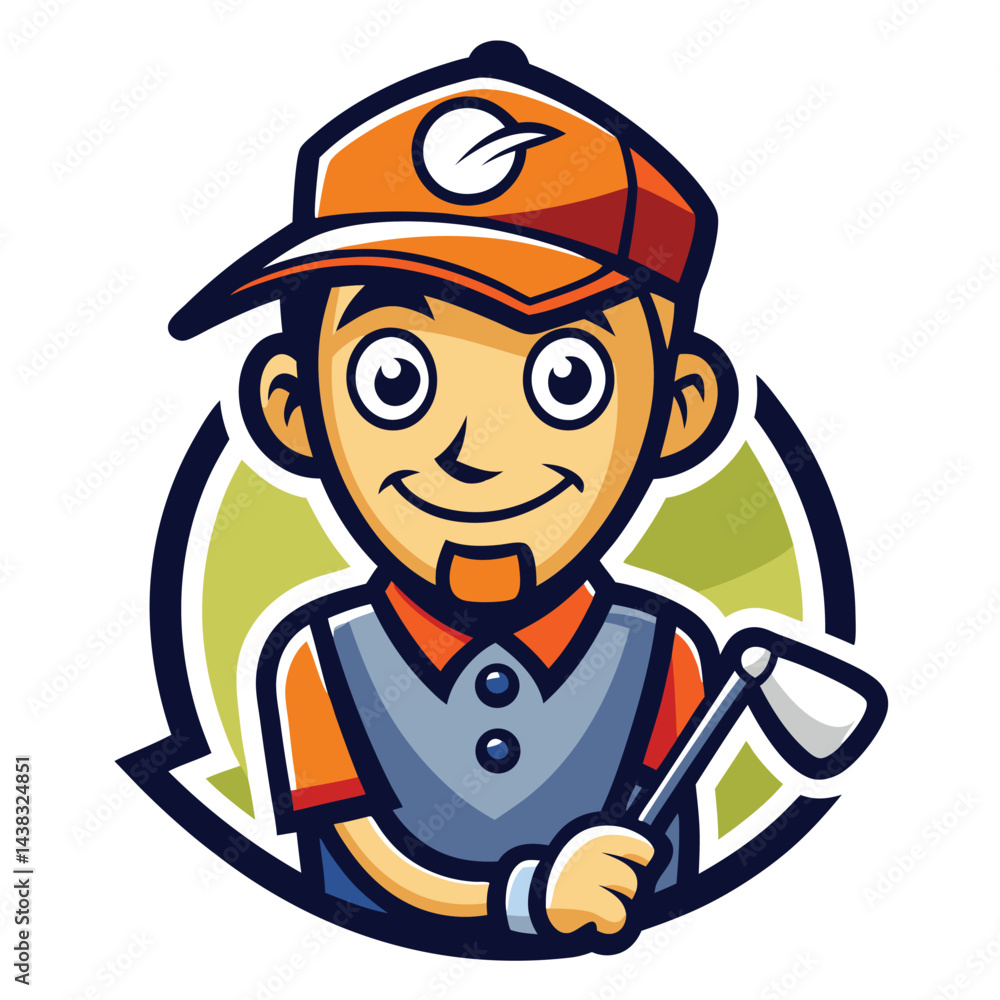 Fototapeta premium Cartoon Man with Orange Cap, Smiling, Holding Golf Club in Front of Abstract Logo
