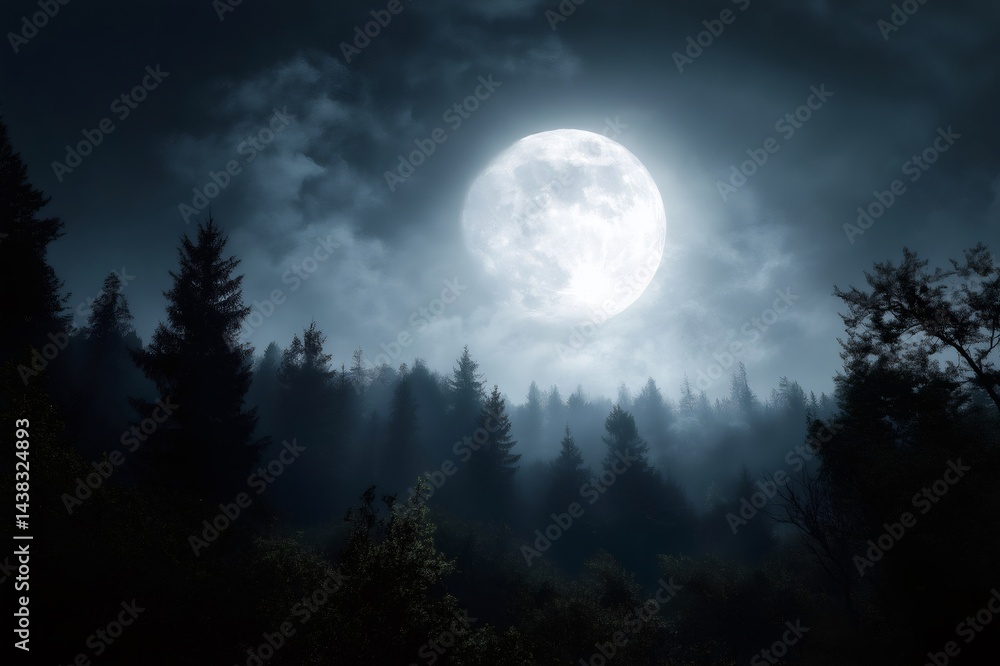 Bright full moon illuminating a mysterious and foggy forest at night, creating a magical atmosphere Bright full moon illuminating a mysterious and foggy forest at night, creating a magical atmosphere