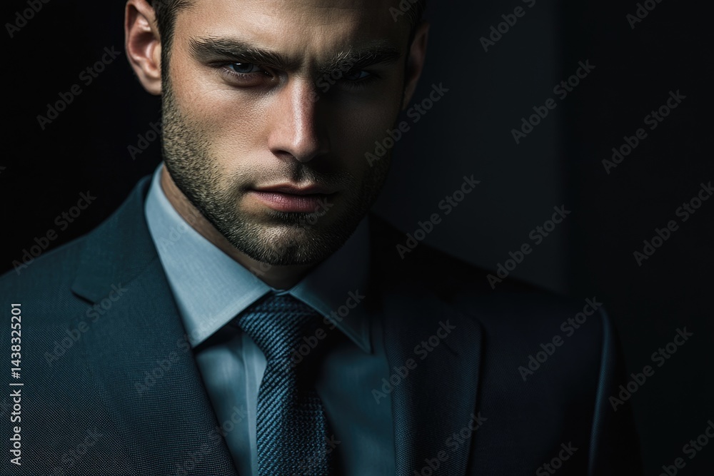 A man in a dark suit stares intensely, his expression serious and captivating. A man in a dark suit stares intensely, his expression serious and captivating.