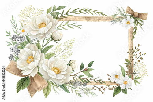 Elegant watercolor white floral frame with burlap ribbon perfect for invitations or announcements soft hues and delicate