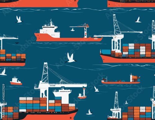 Detailed Cargo Ship Vector with Containers, Cranes, and Navigation Equipment for Logistics and Maritime Industry Use.