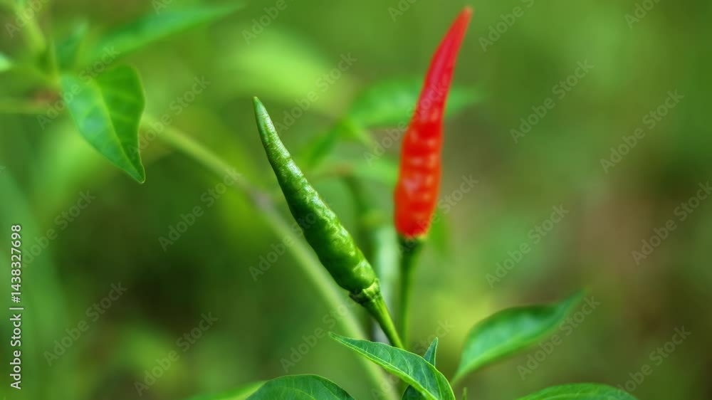 Close-up of vibrant red chili peppers hanging on a plant. Close-up of vibrant red chili peppers hanging on a plant.