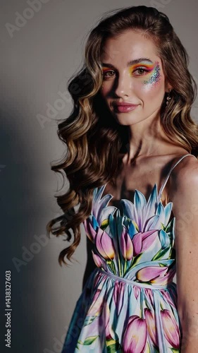 Vertical shot - Female tulip field model with rainbow makeup