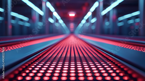 A futuristic corridor with glowing red and blue lights, featuring a perforated, illuminated floor in a symmetrical, high-tech setting.
