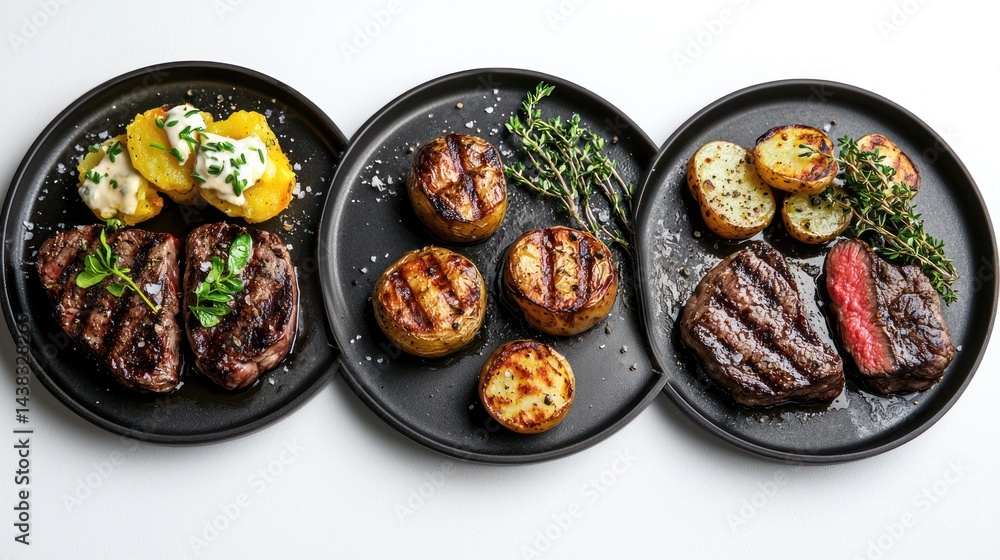Black plates with juicy steak fillets, garlic butter potatoes, and thyme sprigs on white background. Black plates with juicy steak fillets, garlic butter potatoes, and thyme sprigs on white background.