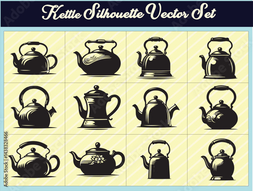 "Collection of classic black kettles and teapots in smooth silhouette vector design"