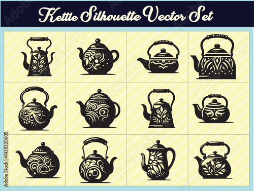 Ornamental black teapot silhouettes with floral patterns perfect for crafts and laser cutting
