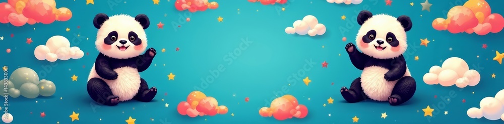 Fototapeta premium Adorable panda pattern with colorful clouds and stars on a blue background, colorful, blue
