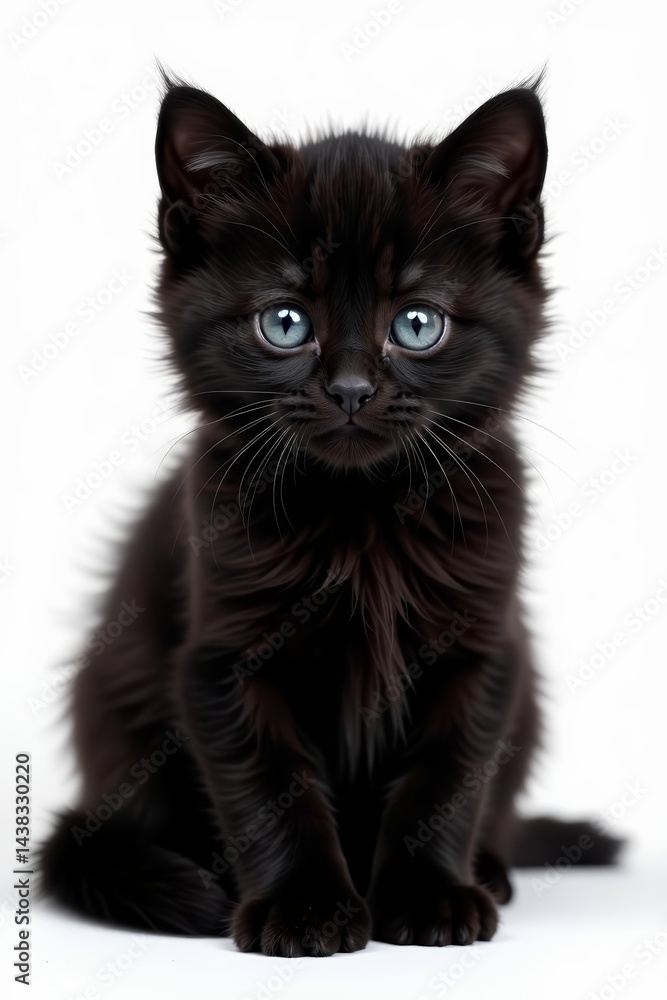Adorable fluffy black kitten posing on white background, Kitty, whiskers Adorable fluffy black kitten posing on white background, Kitty, whiskers