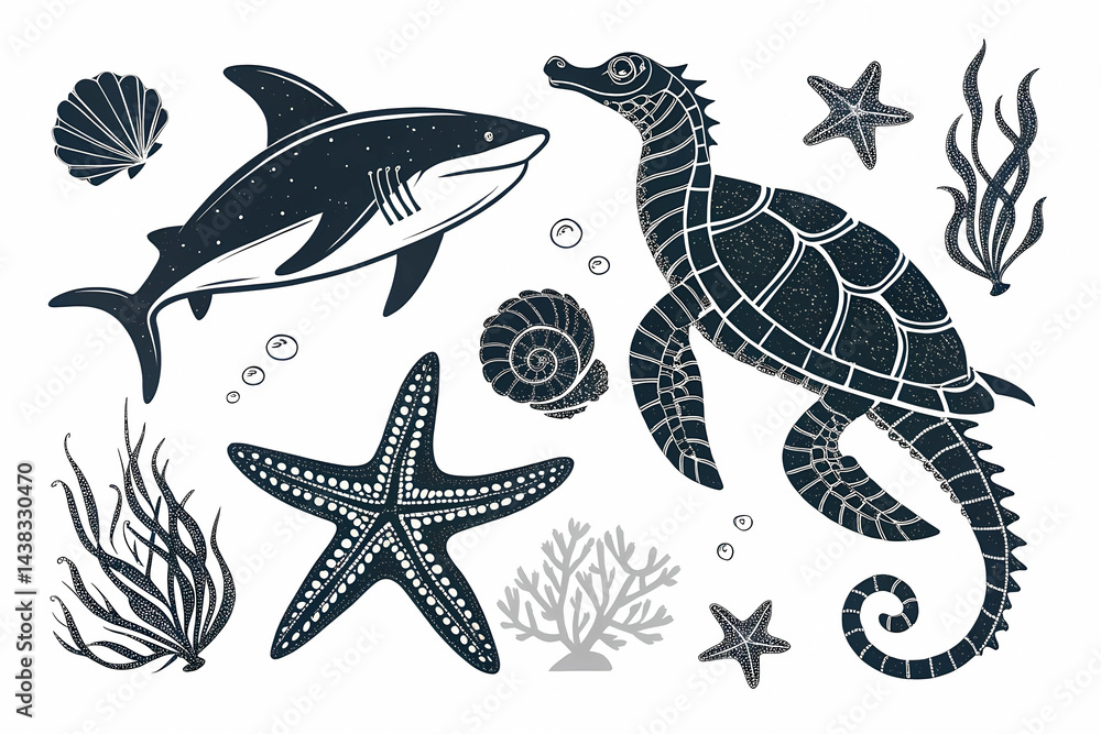 Naklejka premium Majestic shark seahorse starfish ocean wildlife illustration intricate sea life design dark nautical theme elegant