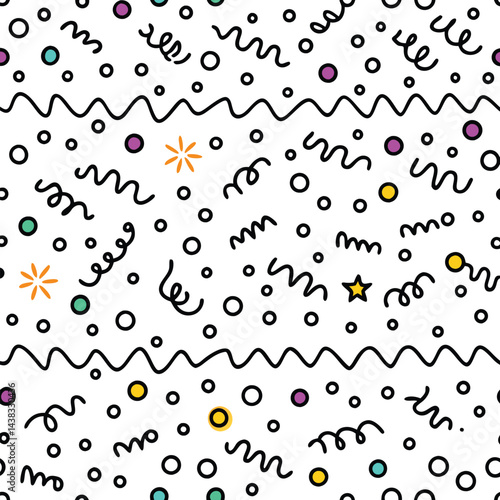 Fun, colorful, doodle pattern with circles, swirls, and stars