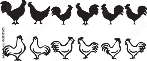 Collection of Hen and Rooster Black Silhouettes Flat Vector Set