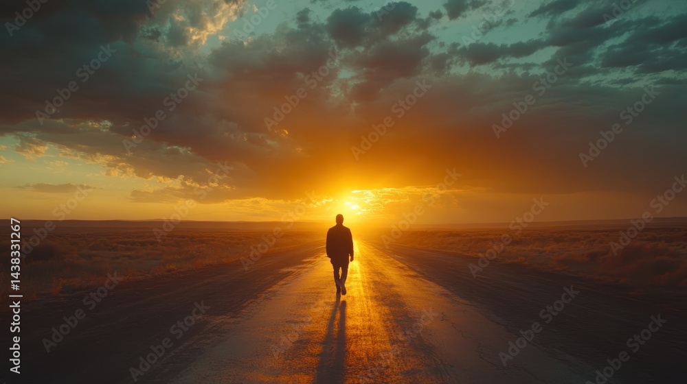 Cinematic scene of a lone traveler walking down an empty highway at sunset, wide-angle shot, dramatic clouds, golden hour lighting, storytelling mood Cinematic scene of a lone traveler walking down an empty highway at sunset, wide-angle shot, dramatic clouds, golden hour lighting, storytelling mood
